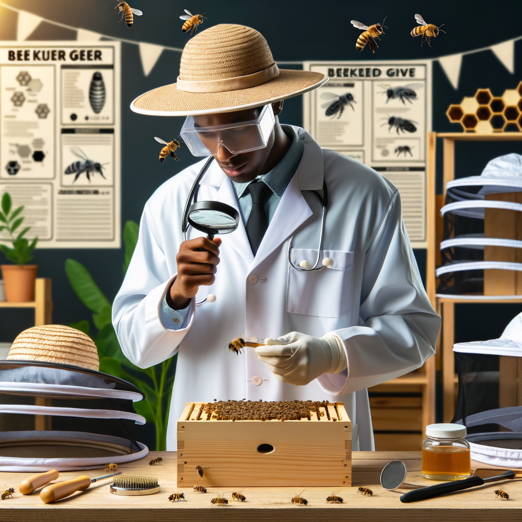 Beekeeping hat guide featuring a professional beekeeper examining a hive, with a table of best beekeeping hats showcasing their features, alongside beekeeping safety gear reviews and tips for choosing a quality beekeeping hat.