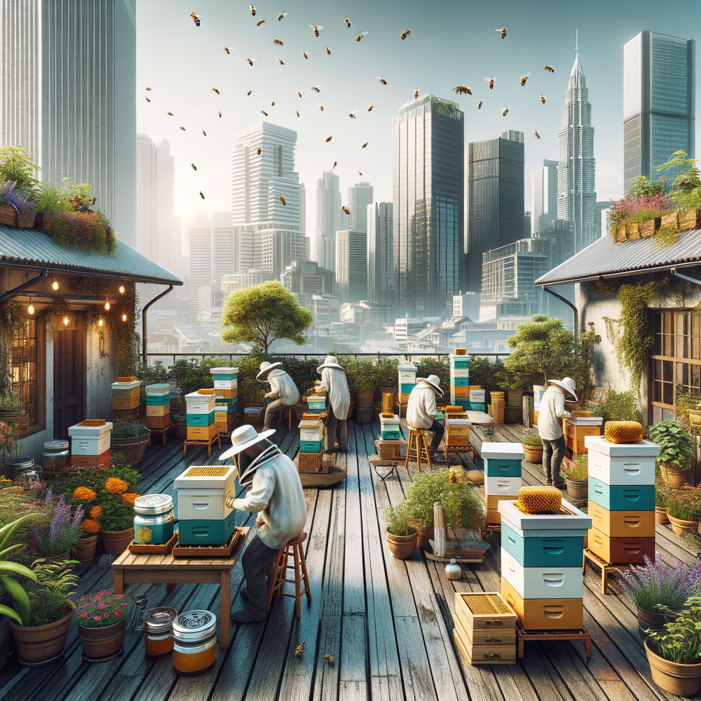 Beginner beekeepers managing urban apiary on a bustling rooftop, showcasing benefits of urban beekeeping and honey production in sustainable urban farming against a city skyline backdrop.