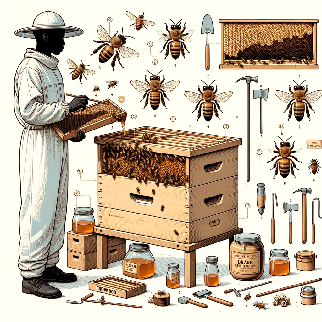Beekeeper demonstrating beekeeping basics, particularly the use of crown board in beehive management, with detailed illustration of beehive and beekeeping equipment for understanding beekeeping and crown board functions.