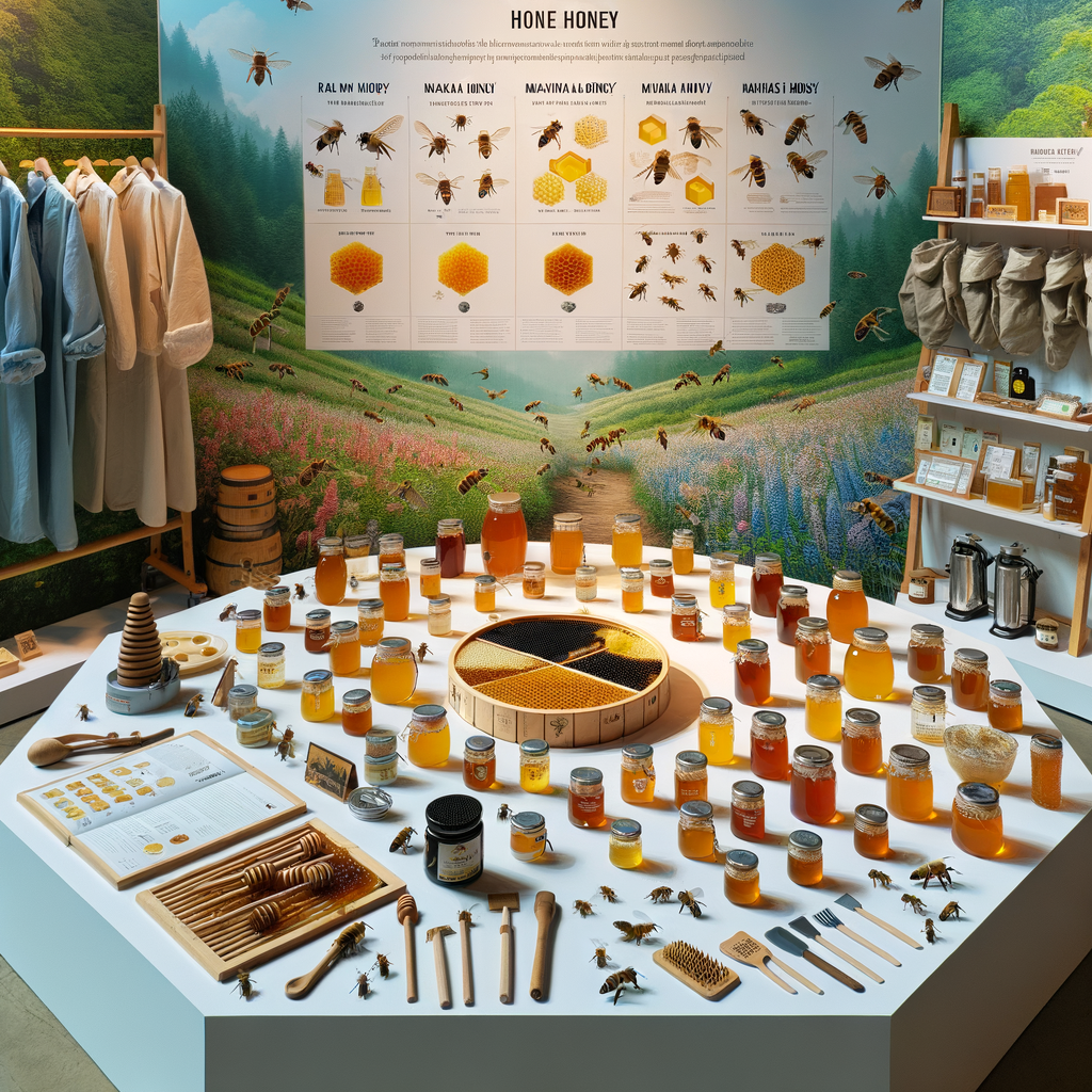 Variety of honey types including raw organic, Manuka, and Clover honey in a professional honey tasting setup, with beekeeping equipment, honey bees, and a chart highlighting honey benefits for honey exploration and production.