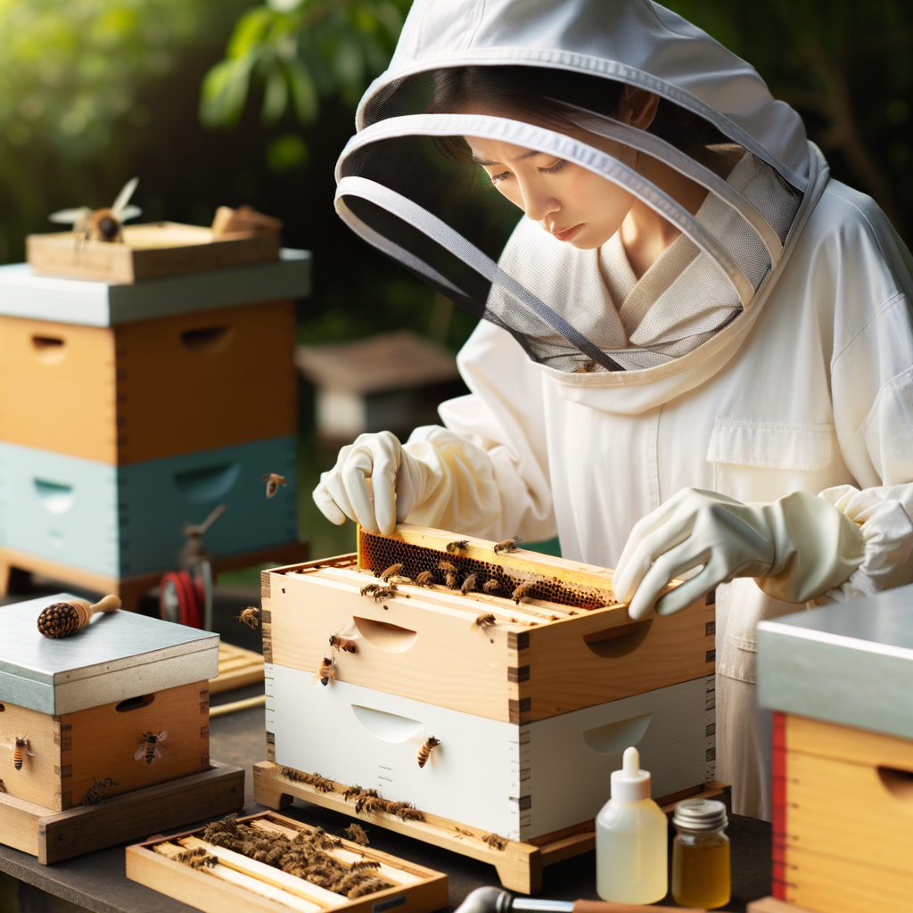 Beekeeper using advanced techniques to install a second brood box for beehive expansion, showcasing essential beekeeping tips, equipment, and methods for increased honey production and bee colony growth.