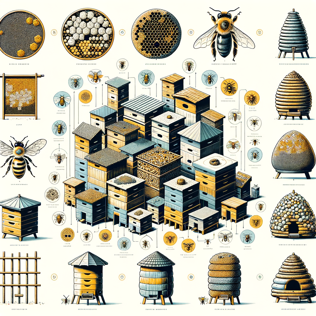 Infographic illustrating beehive structure varieties, types of hive structures, beekeeping hive designs, honeybee hive design, natural hive structures, hive construction methods, beehive design variations, hive structure comparison for understanding different hive structures.