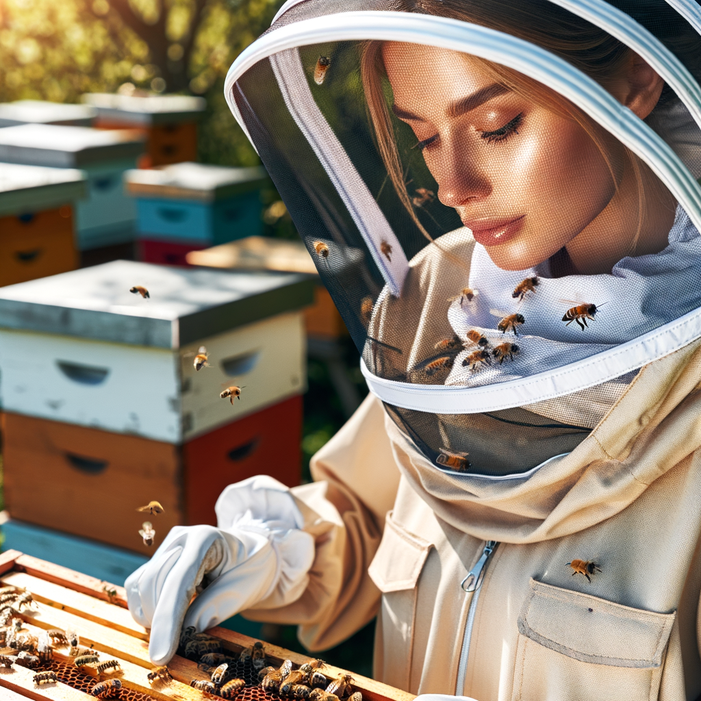 Professional beekeeper in full beekeeping safety equipment, including protective veil and suit, demonstrating honey harvesting protection and apiary safety equipment for optimal beekeeper protection.
