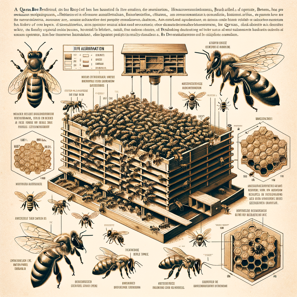 Professional illustration of Queen Bee's role in hive management, her importance for bee colony survival, behavior, reproduction, lifespan, and the structure of bee hives in beekeeping context.