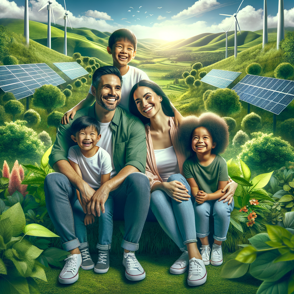 Happy family enjoying sustainable living benefits in a lush environment with solar panels and wind turbines, highlighting the importance and positive effects of sustainable practices on environmental sustainability.