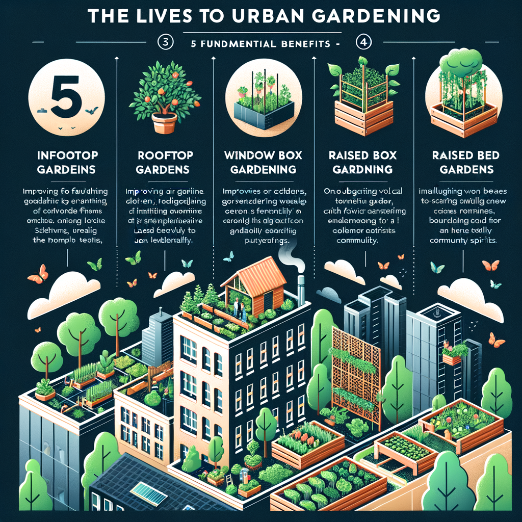 Infographic illustrating urban gardening examples and the 5 importance of urban gardening for the environment, highlighting the benefits of urban gardens in an educational tone.