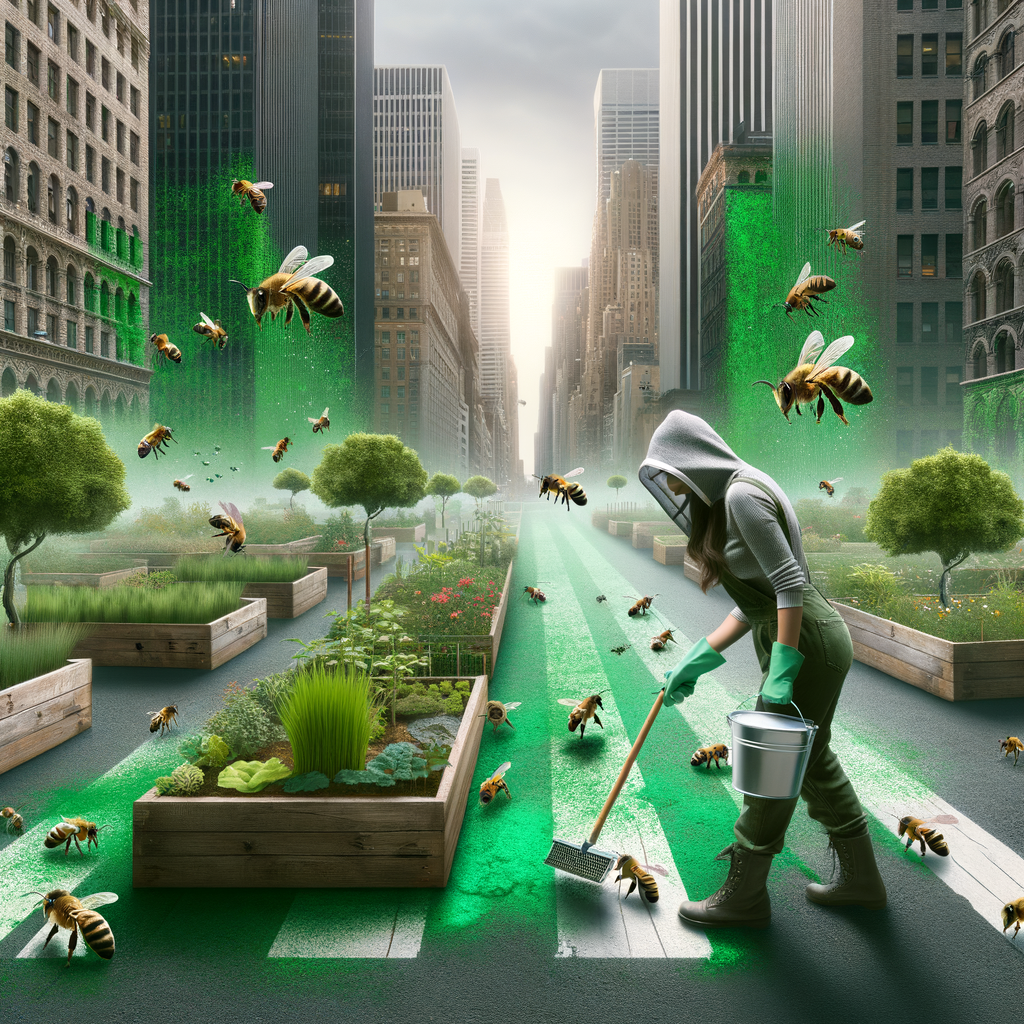 Urban beekeeper implementing strategies for safeguarding bees from pesticides in a city, highlighting the harmful effects of pesticides on bees and the importance of bee conservation in urban environments.