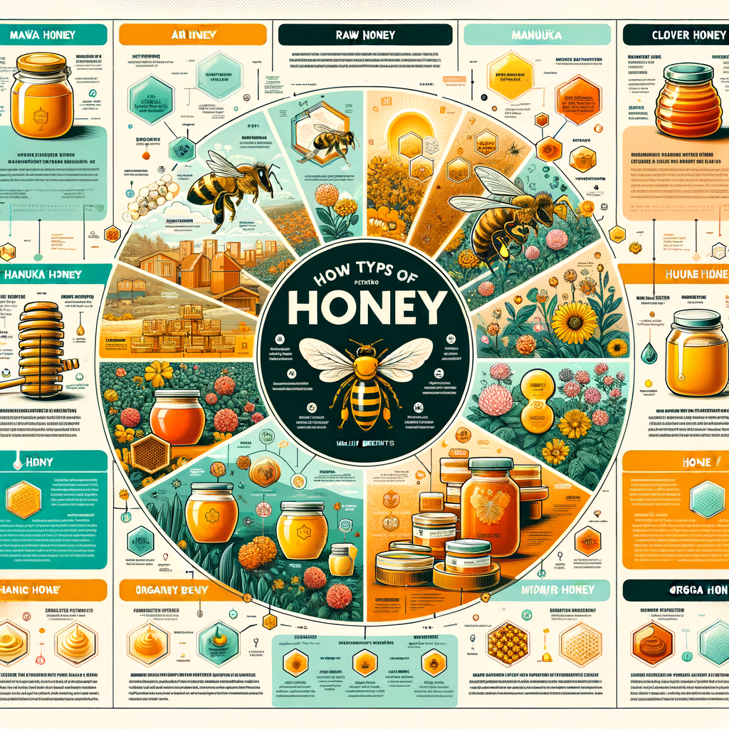 Infographic illustrating types of honey such as raw, Manuka, and clover, their uses and benefits, honey bee varieties involved in honey production, and the advantages of organic honey.