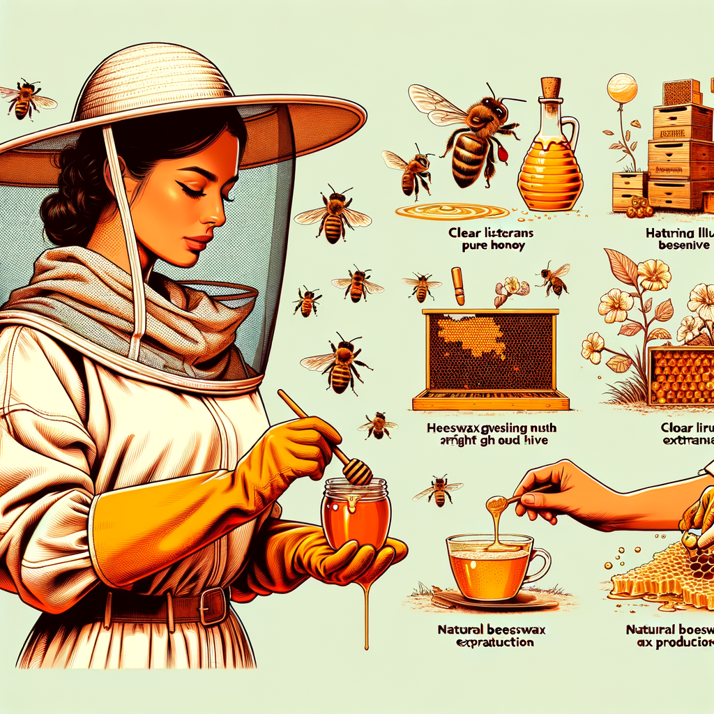 Beekeeper in protective gear during the honey extraction process, showcasing beeswax production and the harvesting of raw honey for the honey and beeswax industry.