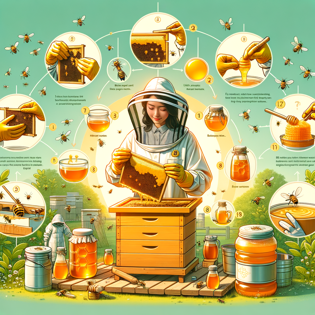 Beekeeping guide demonstrating honey extraction process, showcasing step-by-step instructions on how to harvest honey from beehives for beginners, as part of a comprehensive DIY honey harvesting and honey production guide.