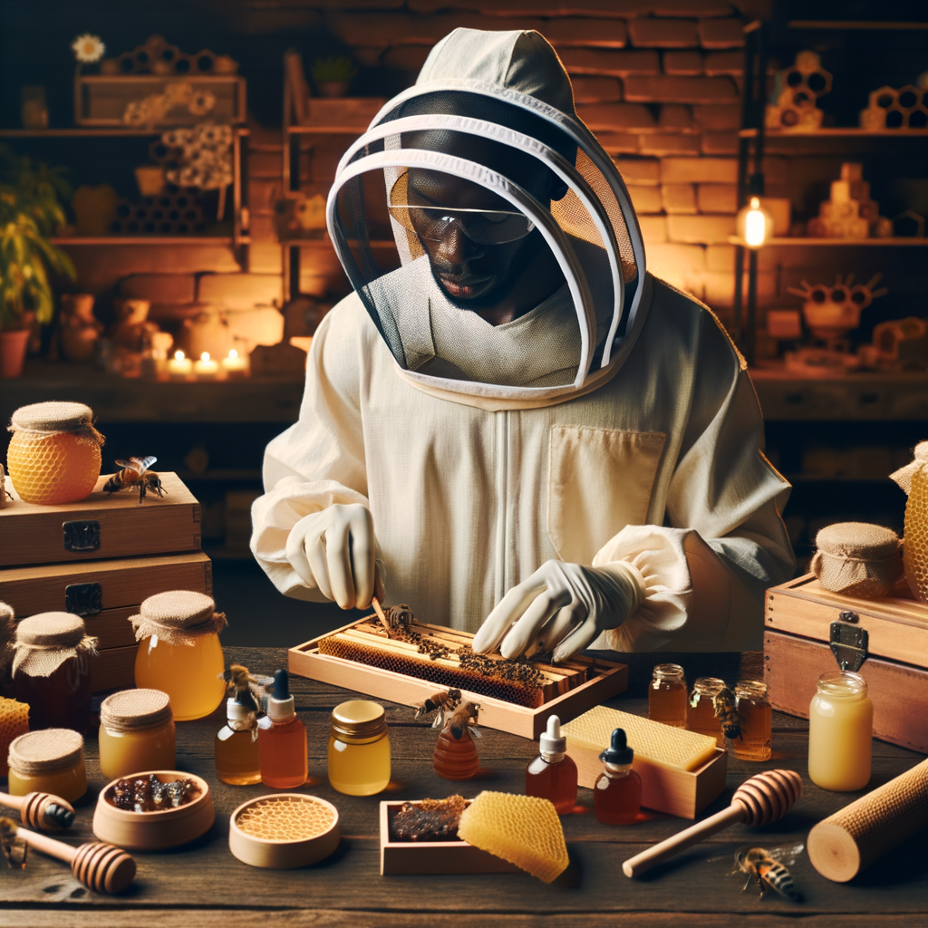 Beekeeper in protective gear crafting value-added products from hive by-products like beeswax candles and honey soaps, showcasing beehive product utilization and innovation in beekeeping.