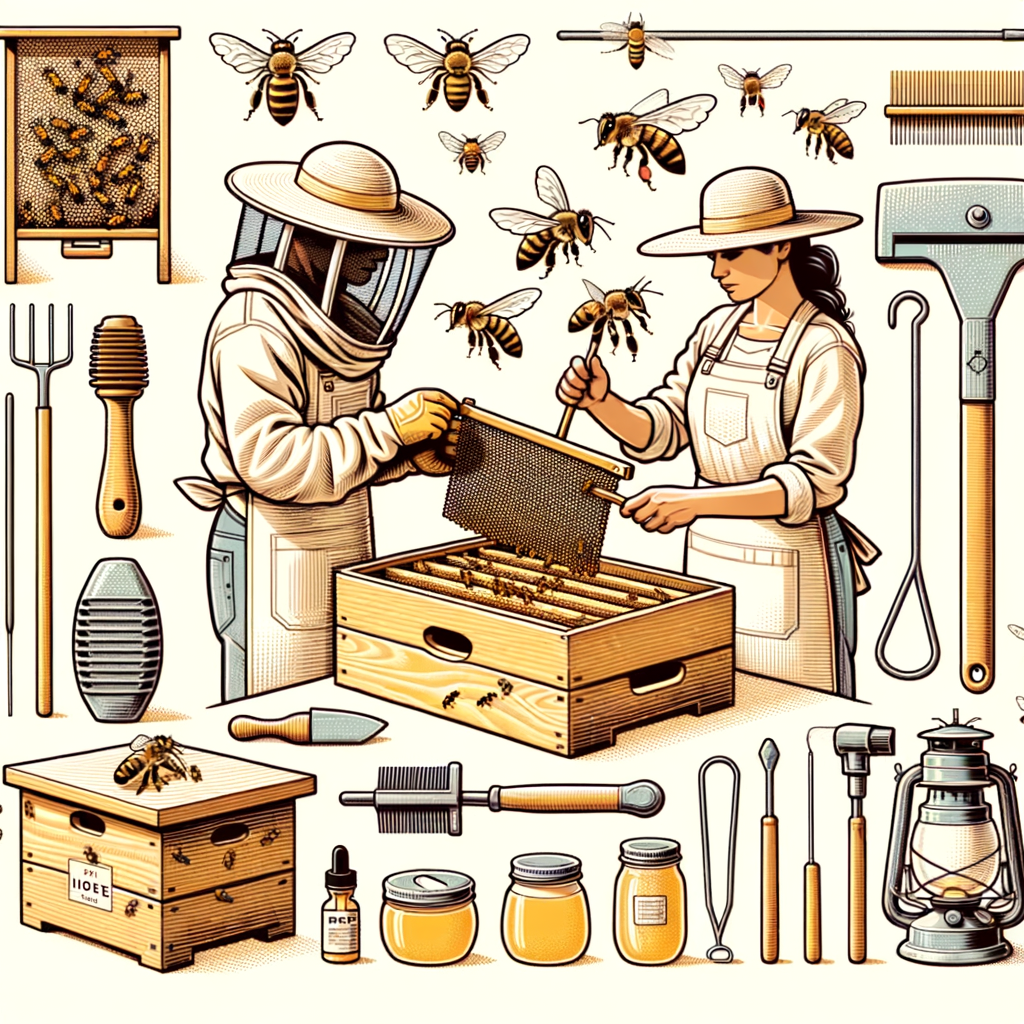 Beekeeper demonstrating the use of beekeeping equipment and bee escape screens during the honey extraction process, with various apiary tools, beekeeping supplies, and a well-maintained beehive, serving as a comprehensive guide for beginners in honey bee farming.