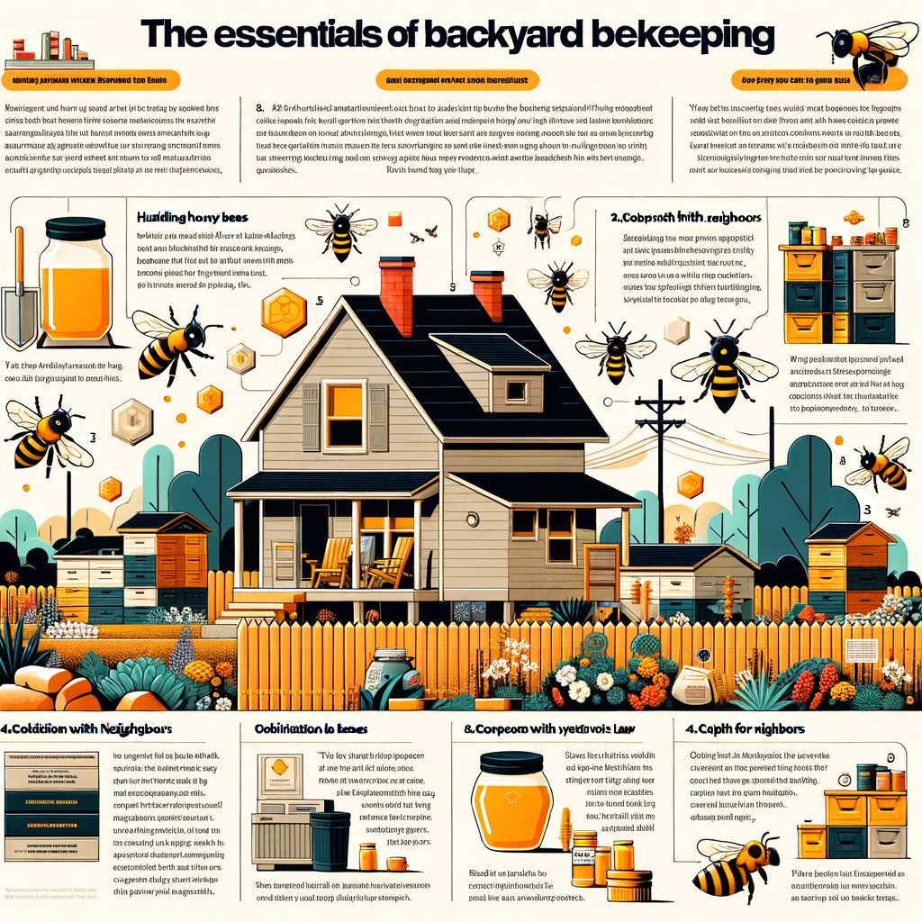 Beekeeping basics infographic for beginners, highlighting Oregon beekeeping laws by zip code, how to raise bees in your backyard, handling bees and your neighbours and the law, potential profit from raising bees, and available grants for raising honey bees.