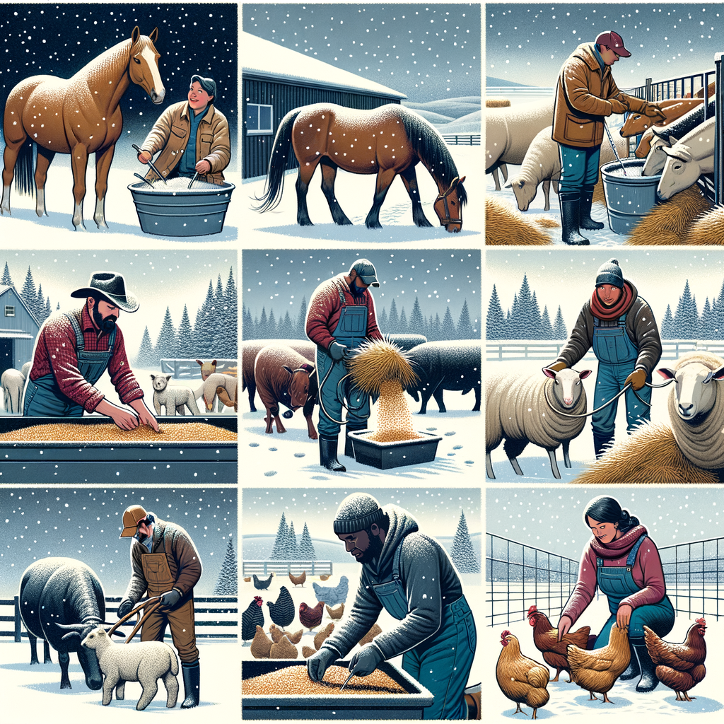 Winter livestock feeding strategies showcasing cold weather animal nutrition for horses, cattle, sheep, and poultry in a snowy farm setting, highlighting various winter feeding tips for livestock and suitable winter feed types.
